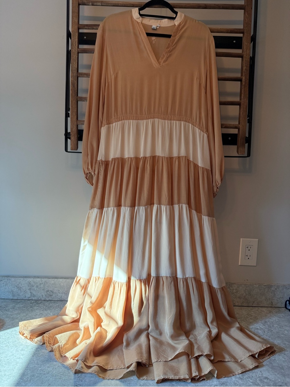 European Culture Cream and Tan Tiered Maxi Dress